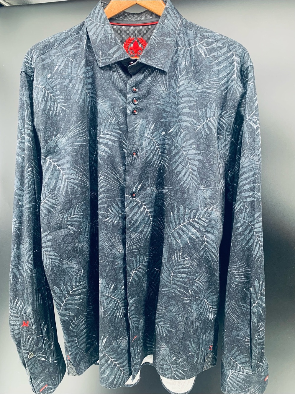 Au Noir Men’s Long Sleeve Button Shirt Blue Leaf Print